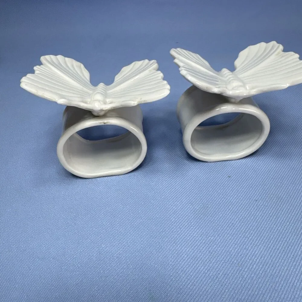 Vintage Ceramic Fitz and Floyd Napkin Rings White Butterfly Set of 2 Japan